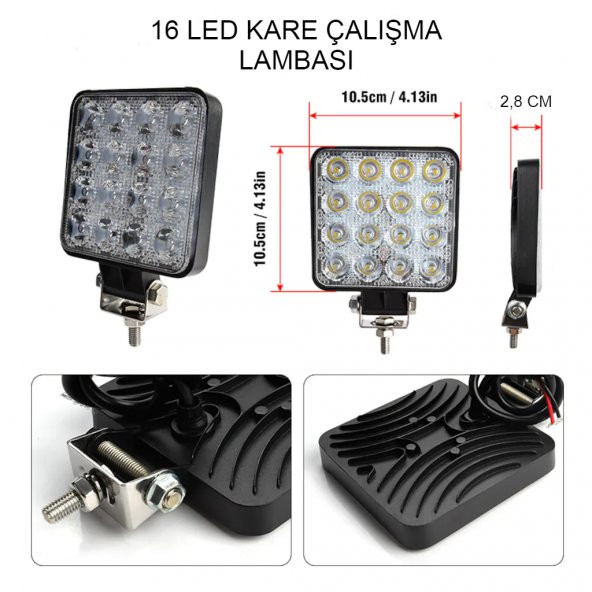 16 Led Off Road Kare Çalışma Lambası Sis Lambası Projektör Gündüz Farı 48 Watt