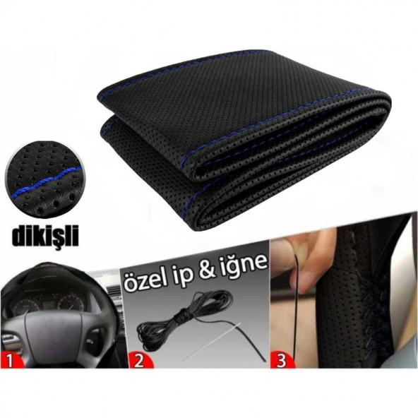 Direksiyon Kılıfı Deri Dikişli Yumuşak Kokusuz Dikmeli Düz - Mavi - 3