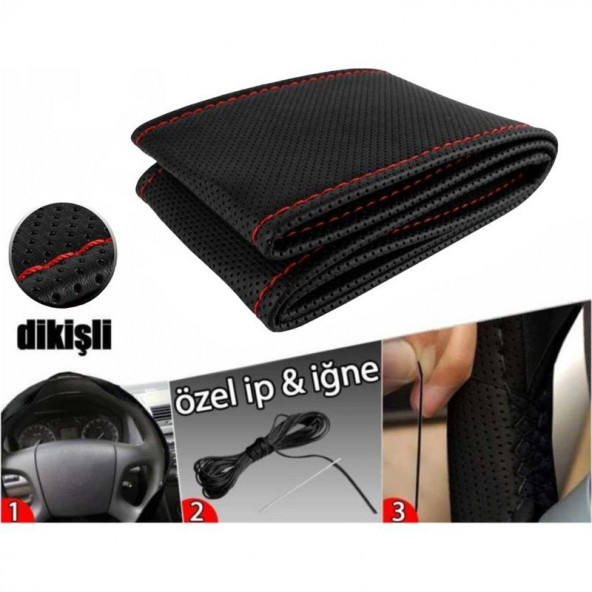 Direksiyon Kılıfı Deri Dikişli Yumuşak Kokusuz Dikmeli Düz - Kırmızı - 3