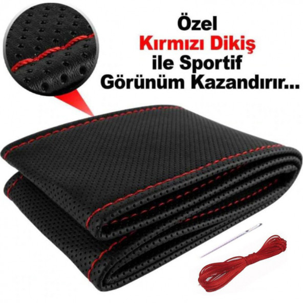 Kırmızı Dikişli Deri Direksiyon Kılıfı Dikmeli Noktalı - 2