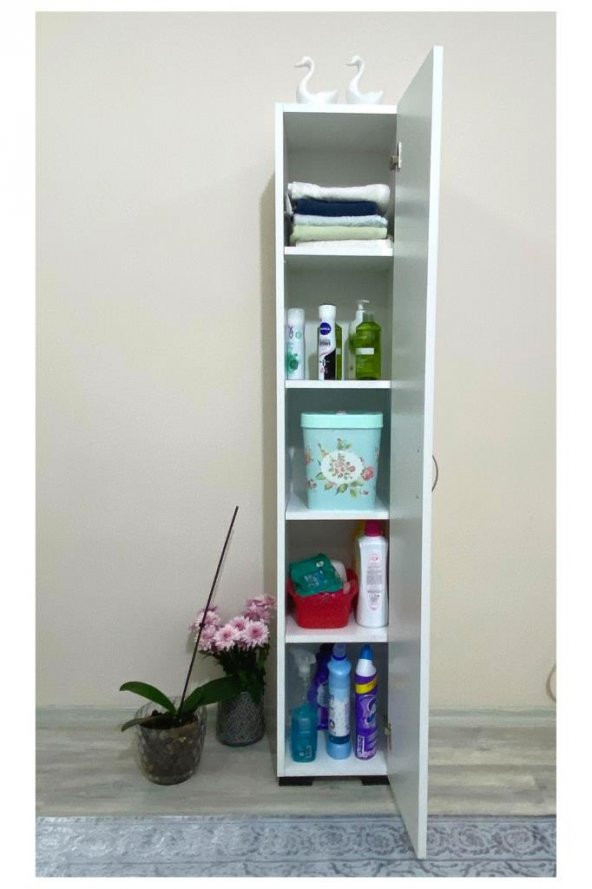 Tek Kapaklı 5 Raflı Çok Amaçlı Banyo Mutfak Kiler Dolabı Beyaz Erzak Dolabı - 2