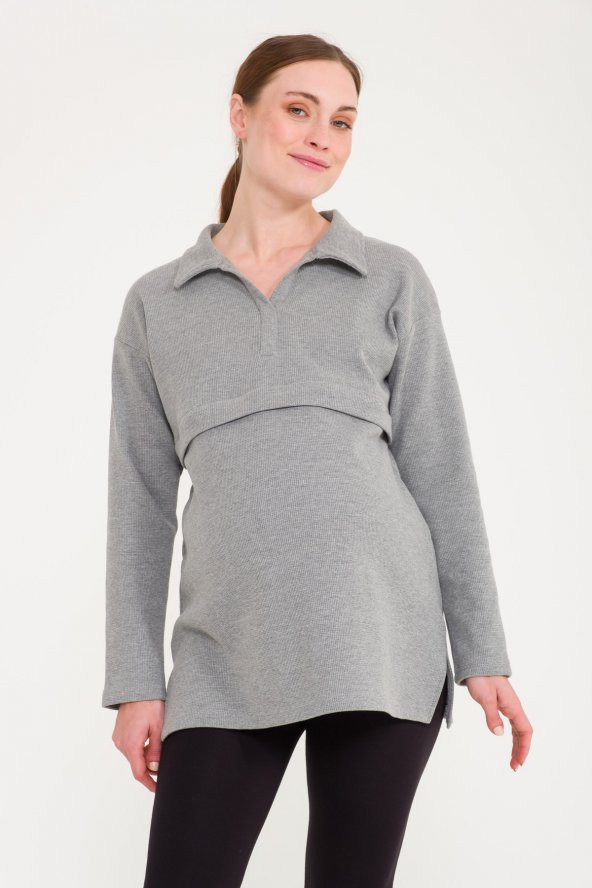 Gaiamom Kadın Polo Yaka Gri Emzirme Özellikli Hamile Sweatshirt