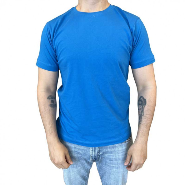 EWP Erkek Mavi Sıfır Yaka Basic Tshirt