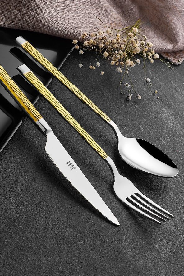Pera Gold 7 Parça Tek Kişilik Çatal Kaşık Bıçak Takımı 18/10 Paslanmaz Çelik