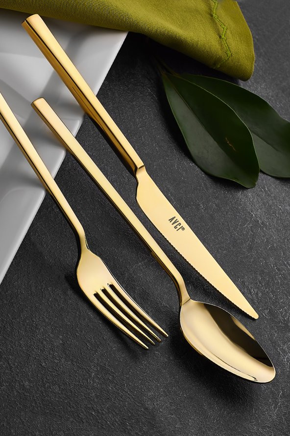 Klas Titanyum Parlak Gold 60 Parça Çatal Kaşık Bıçak Takımı 18/10 Paslanmaz Çelik (Bıçaklı)