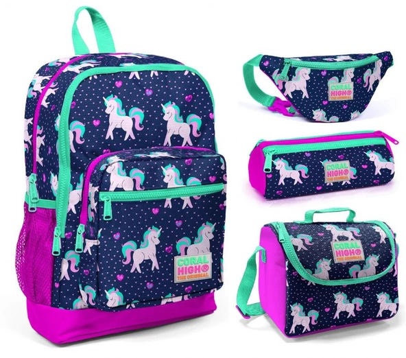 Coral High Mor Unicorn Kız Çocuk 4'lü İlkokul Çanta Seti
