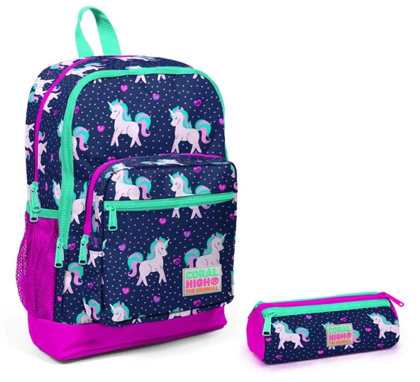 Coral High Tekboynuz Kız Çocuk OKul Çantası ve Kalemlik Seti - Mor/Pembe