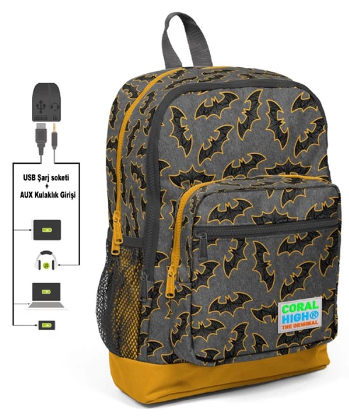 Coral High Yarasa Baskılı İlkokul ve Günlük Sırt Çantası - Erkek Çocuk - USB ve AUX Soketli