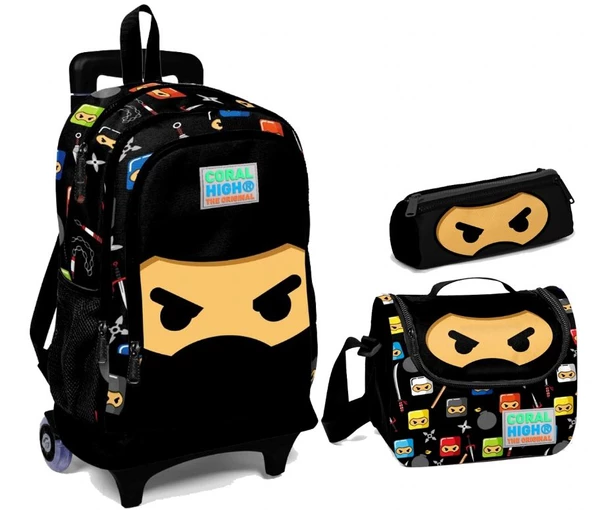 Coral High Siyah Ninja Desenli Çekçek Tekerlekli Okul Çanta Seti