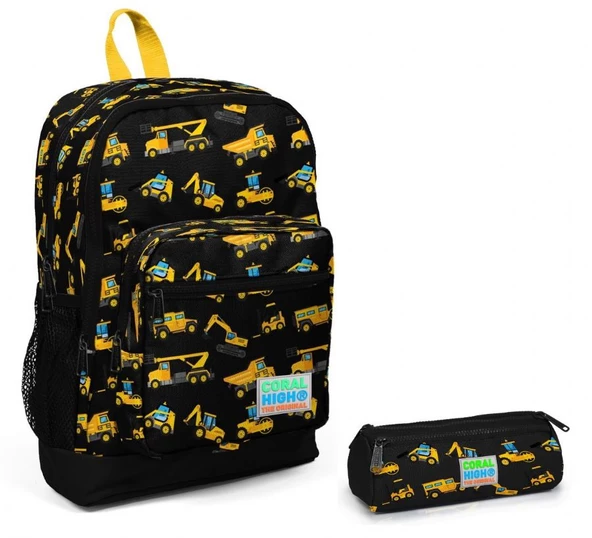 Coral High Erkek Çocuk İş Makineleri İlkokul Çantası ve Kalemlik Seti - Sİyah/Sarı ürün görseli
