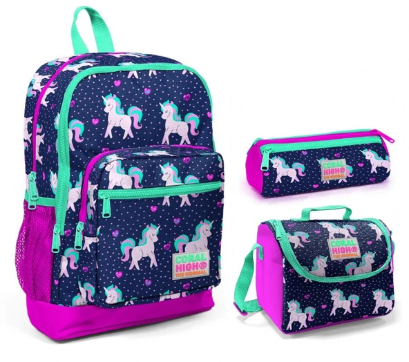 Coral High Mor Unicorn Kız Çocuk 3'lü İlkokul Çanta Seti