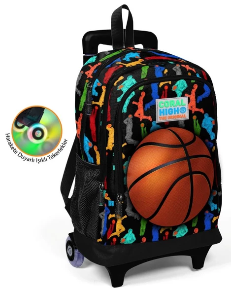 Coral High Basketbolcu Baskılı Çekçek Okul Çantası - Işıklı Tekerlekler
