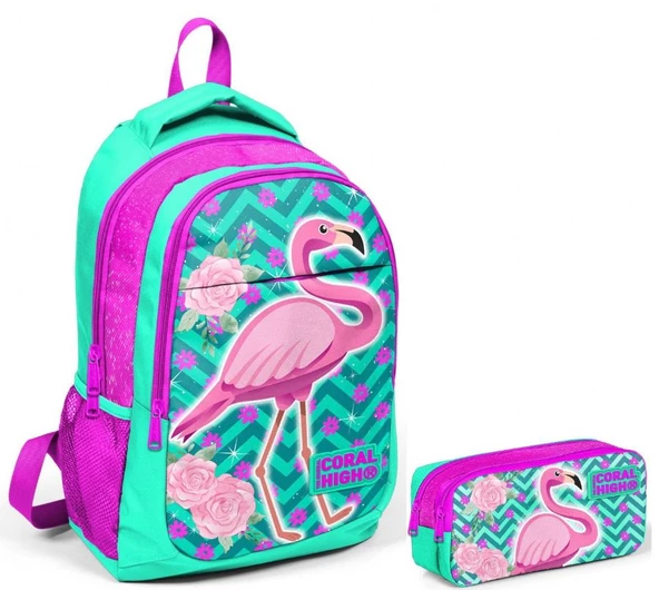 Coral High Pembe Flamingo Kız Çocuk İlkokul Çantası ve Kalemlik Seti