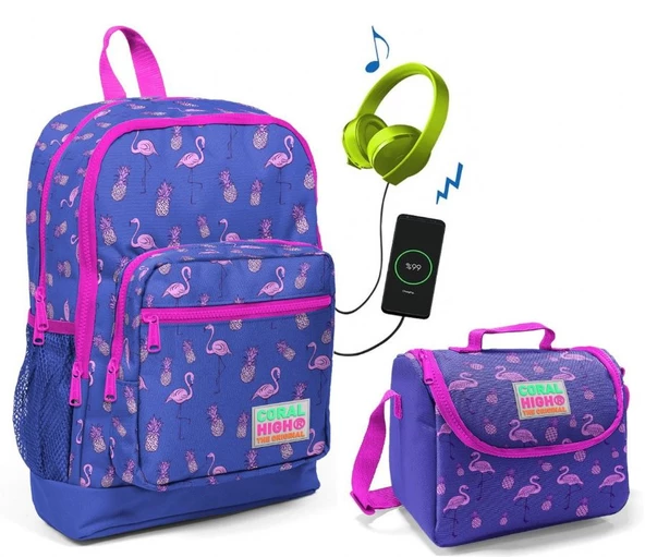 Coral High Mor Flamingo Okul Çantası ve Beslenme Çantası Seti - Kız Çocuk - USB Soketli ürün görseli