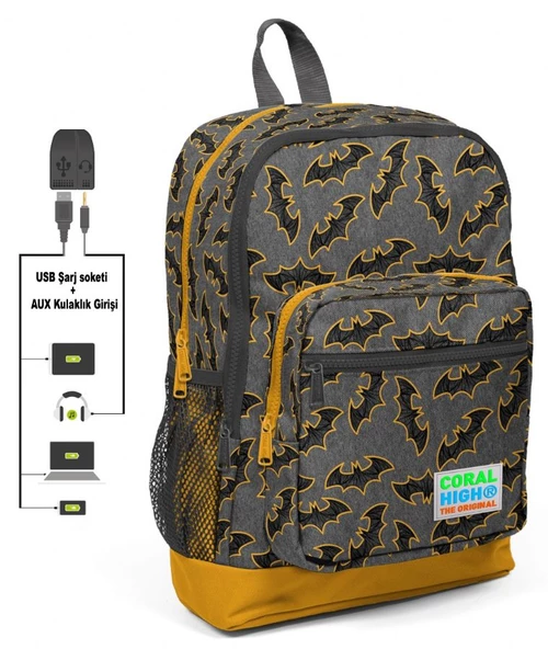 Coral High Yarasa Baskılı Okul Çantası ve Beslenme Çantası Seti - Erkek Çocuk - USB Soketli - Resim 2