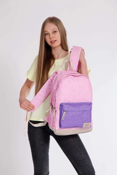 Kaukko Wichlight Pembe - Mor Çiçek Desenli Okul ve Günlük Sırt Çantası - Resim 4