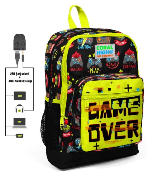 Coral High Game Over Baskılı İlkokul ve Günlük Sırt Çantası - Erkek Çocuk - USB ve AUX Soketli