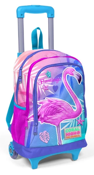 Coral High Mavi Flamingo Baskılı Işıklı Tekerlekli Çekçek Okul Çantası - Kız Çocuk