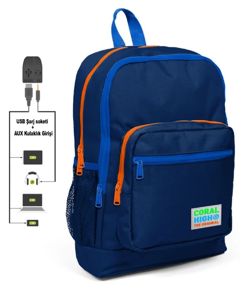 Coral High Lacivert İlkokul ve Günlük Sırt Çantası - Erkek Çocuk - USB ve AUX Soketli
