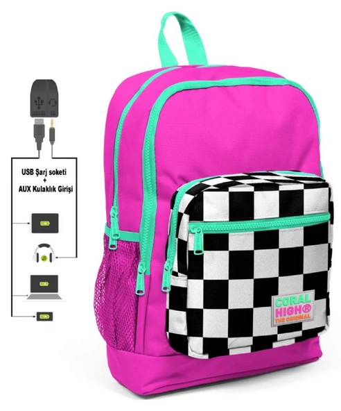 Coral High Pembe Damalı İlkokul ve Günlük Sırt Çantası - Kız Çocuk - USB ve AUX Soketli ürün görseli