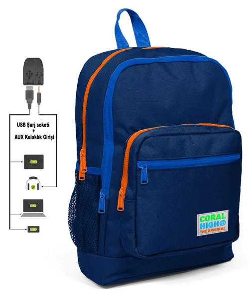 Coral High Lacivert Okul Çantası ve Beslenme Çantası Seti - Erkek Çocuk - USB Soketli - 2