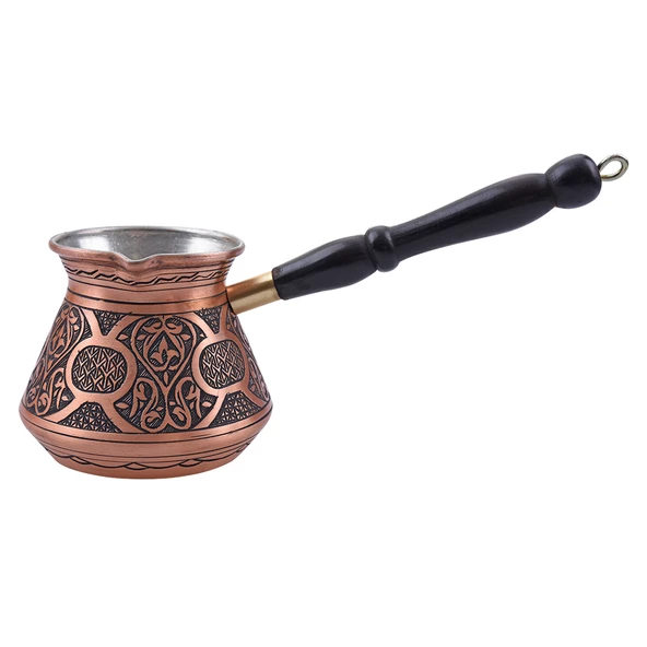 Nusnus Bakır Kahverengi Ahşap Saplı Yuvarlak Motif Cezve Rose Gold Büyük Boy