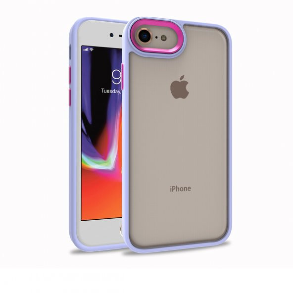 KNY Apple İphone 8 Kılıf Silikon Kenarlı Renkli Flora Kapak Mor