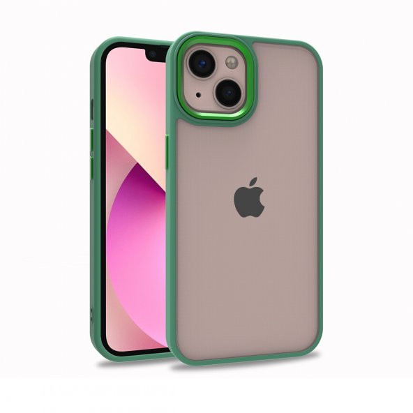 KNY Apple İphone 13 Kılıf Silikon Kenarlı Renkli Flora Kapak Yeşil