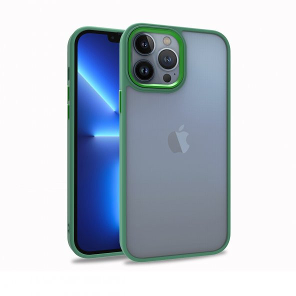 KNY Apple İphone 13 Pro Max Kılıf Silikon Kenarlı Renkli Flora Kapak Yeşil