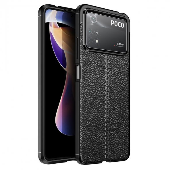 KNY Xiaomi Poco X4 Pro 5G Kılıf Deri Desenli Lux Niss Silikon Siyah
