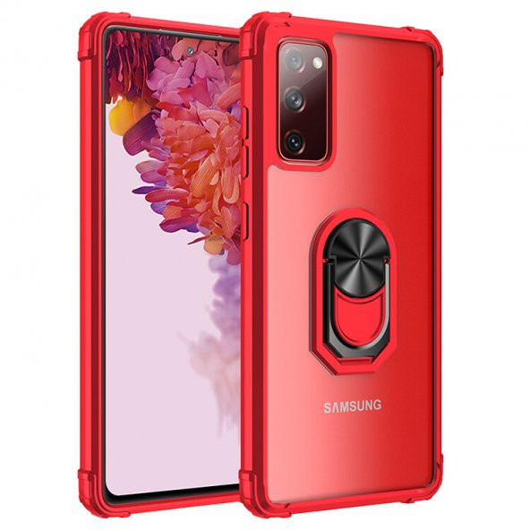 KNY Samsung Galaxy S20 FE Kılıf Silikon Kenarlı Yüzüklü Manyetik Şeffaf Mola Kapak Kırmızı