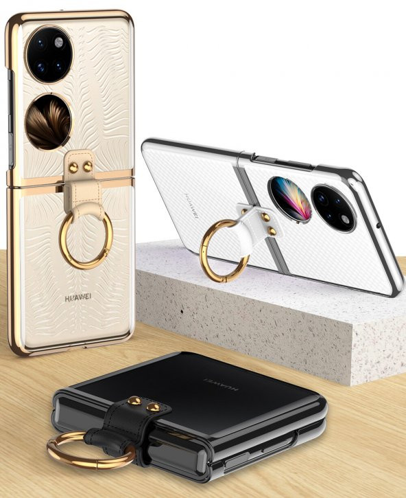 KNY Huawei P50 Pocket Kılıf Renkli Kenarlı Yüzüklü Kıpta Kapak Gri - 2