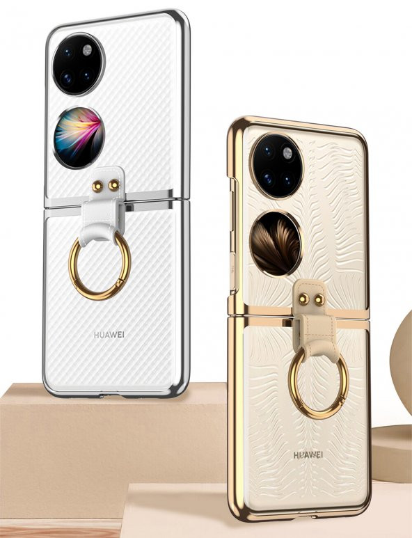 KNY Huawei P50 Pocket Kılıf Renkli Kenarlı Yüzüklü Kıpta Kapak Gri - 4