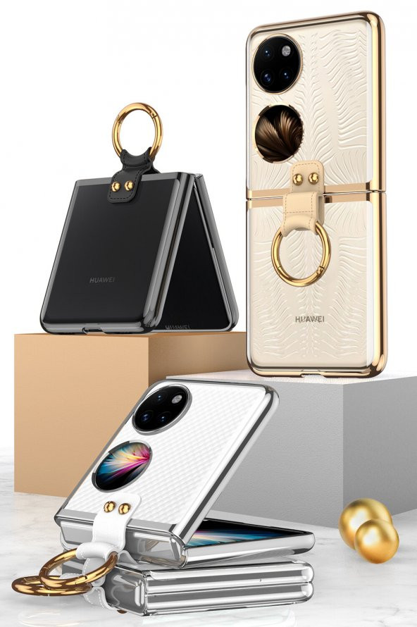 KNY Huawei P50 Pocket Kılıf Renkli Kenarlı Yüzüklü Kıpta Kapak Gri - 5