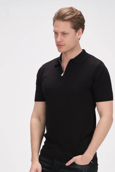 Erkek Fermuarlı Polo Yaka Pamuklu Kısa Kollu Basic Triko T-Shirt - 4