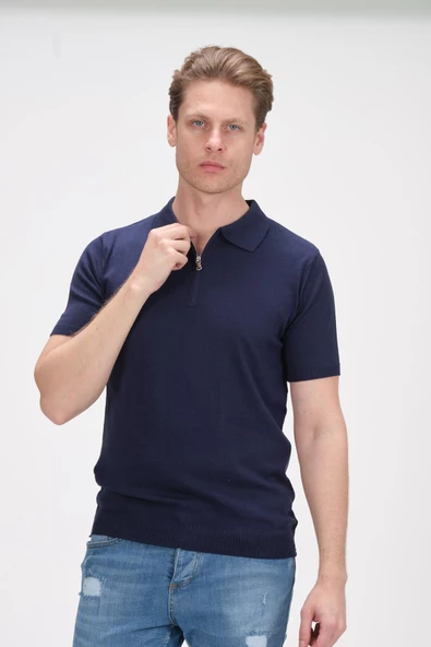 Erkek Fermuarlı Polo Yaka Pamuklu Kısa Kollu Basic Triko T-Shirt - 9