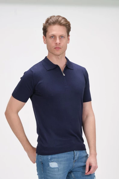 Erkek Fermuarlı Polo Yaka Pamuklu Kısa Kollu Basic Triko T-Shirt - 11