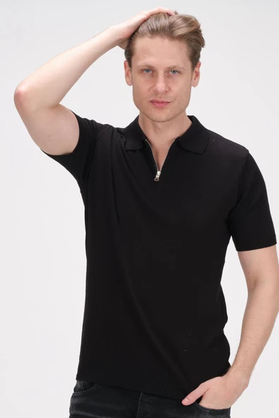 Erkek Fermuarlı Polo Yaka Pamuklu Kısa Kollu Basic Triko T-Shirt - 5