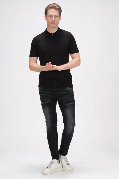Erkek Fermuarlı Polo Yaka Pamuklu Kısa Kollu Basic Triko T-Shirt - 8