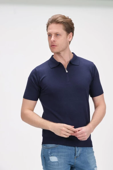Erkek Fermuarlı Polo Yaka Pamuklu Kısa Kollu Basic Triko T-Shirt - 10