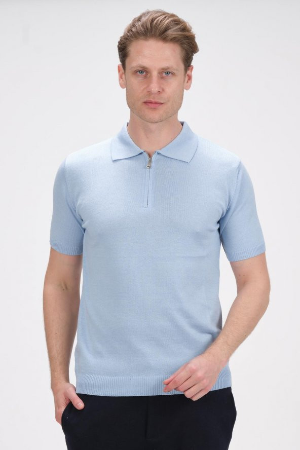 Erkek Fermuarlı Polo Yaka Pamuklu Kısa Kollu Basic Triko T-Shirt