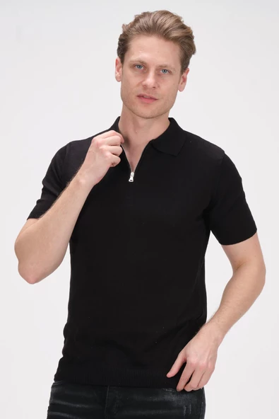 Erkek Fermuarlı Polo Yaka Pamuklu Kısa Kollu Basic Triko T-Shirt - 3