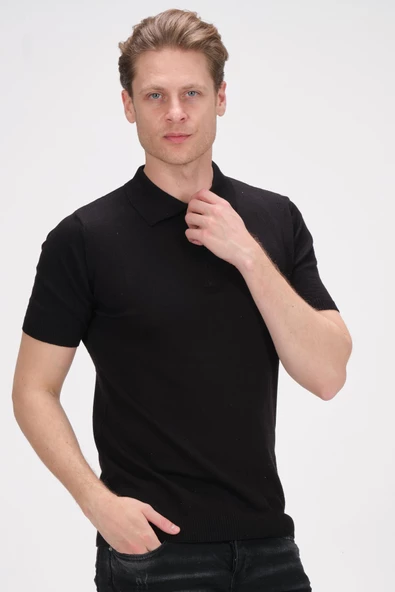 Erkek Fermuarlı Polo Yaka Pamuklu Kısa Kollu Basic Triko T-Shirt - 2