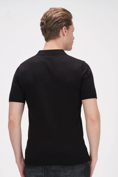 Erkek Fermuarlı Polo Yaka Pamuklu Kısa Kollu Basic Triko T-Shirt - 7