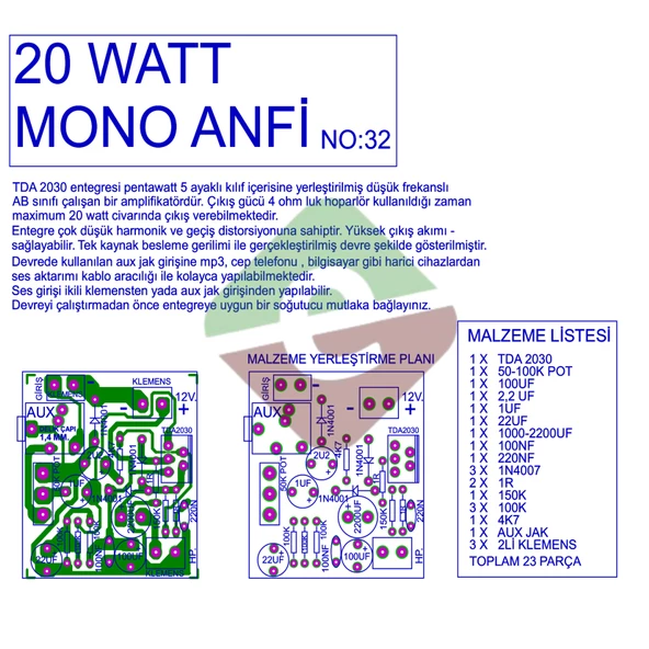 TDA2030 20W Mono Anfi AUX Çıkışlı Demonte Kit Kendin Yap (NO:32) ürün görseli