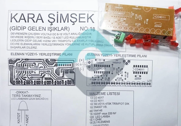 Kara Şimşek Devresi 12 Ledli Demonte Kit Kendin Yap