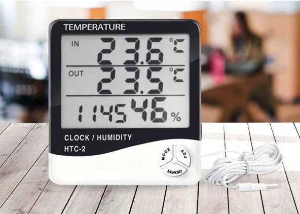 HTC-2 Dijital Termometre Higrometre Hava İstasyonu Sıcaklık Nem Ölçer LCD Saat - 3