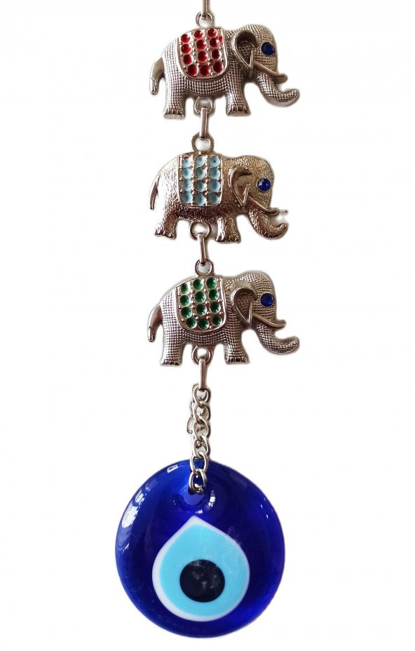 Nazar Boncuklu Mineli Gümüş Kaplama Üçlü Fil Duvar Süsü - Resim 2