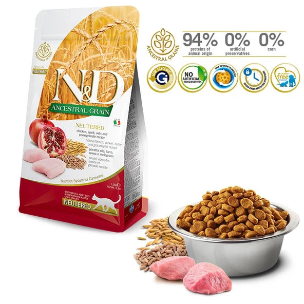 N&D Az Tahıllı Tavuk&Nar Kısır Kedi Maması 1,5 KG - 2