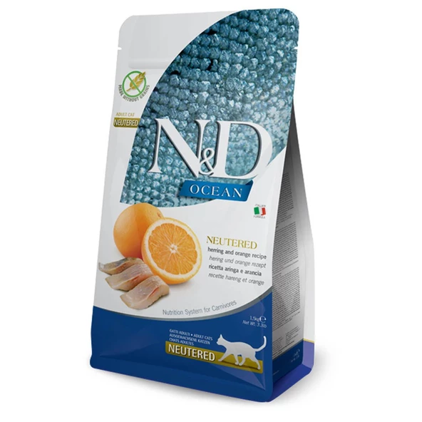 N&D Ocean Tahılsız Ringa Balıklı&Portakallı Kısır Kedi Maması 1,5 KG